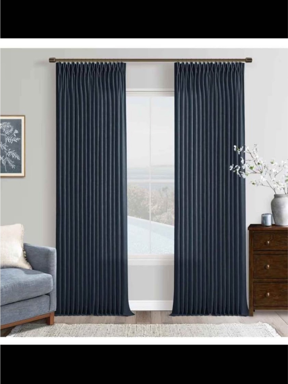 Pinch Pleated Navy Blue Linen Curtains 102 Inches Long 2 Panels Set